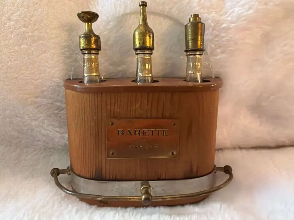 Vintage Barette by Karoff Barware Liquor Decanter Caddy Set w/ 3 Glass Bottles